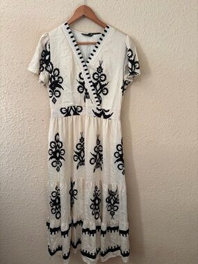 Cream Midi Dress with Black Floral Embroidery and V-Neck